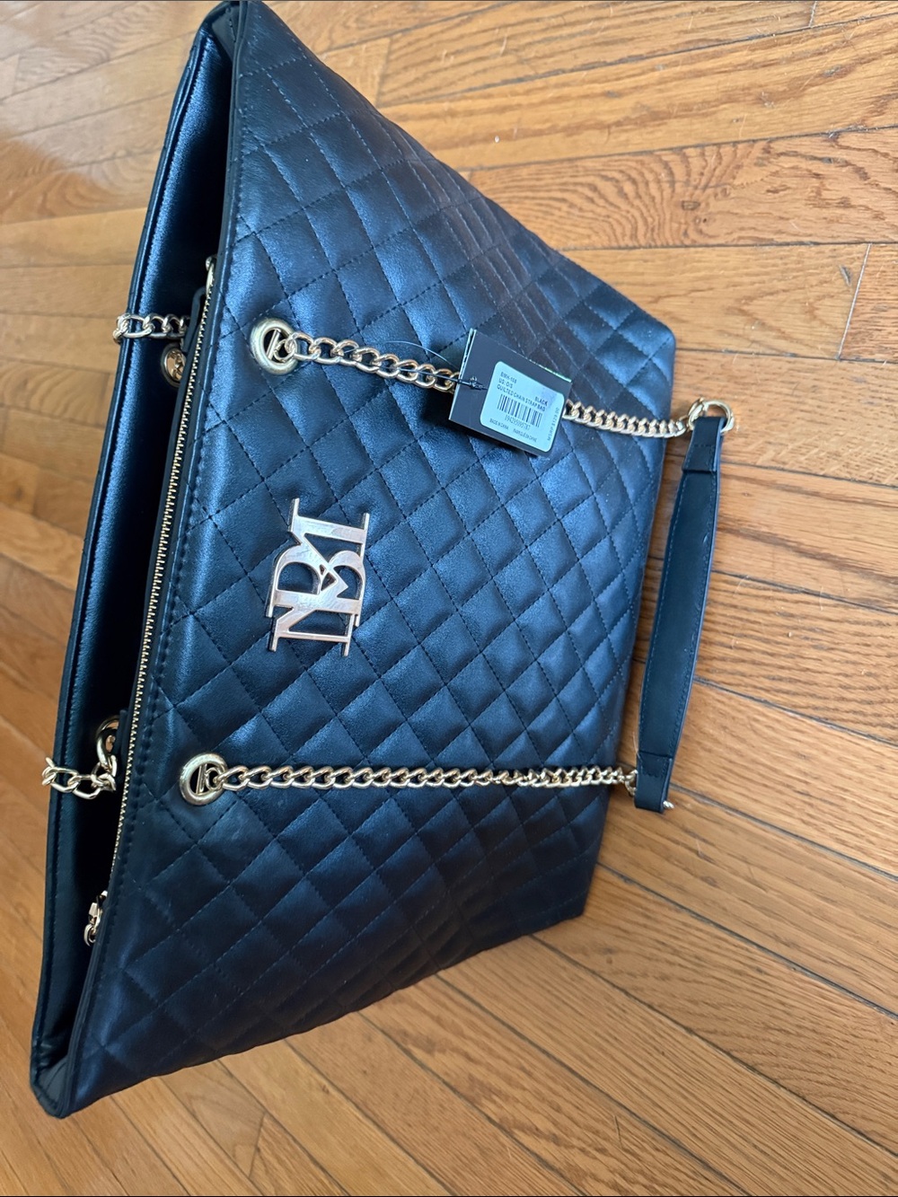 Badgley Mischka Black Quilted Tote with Gold Chain Straps